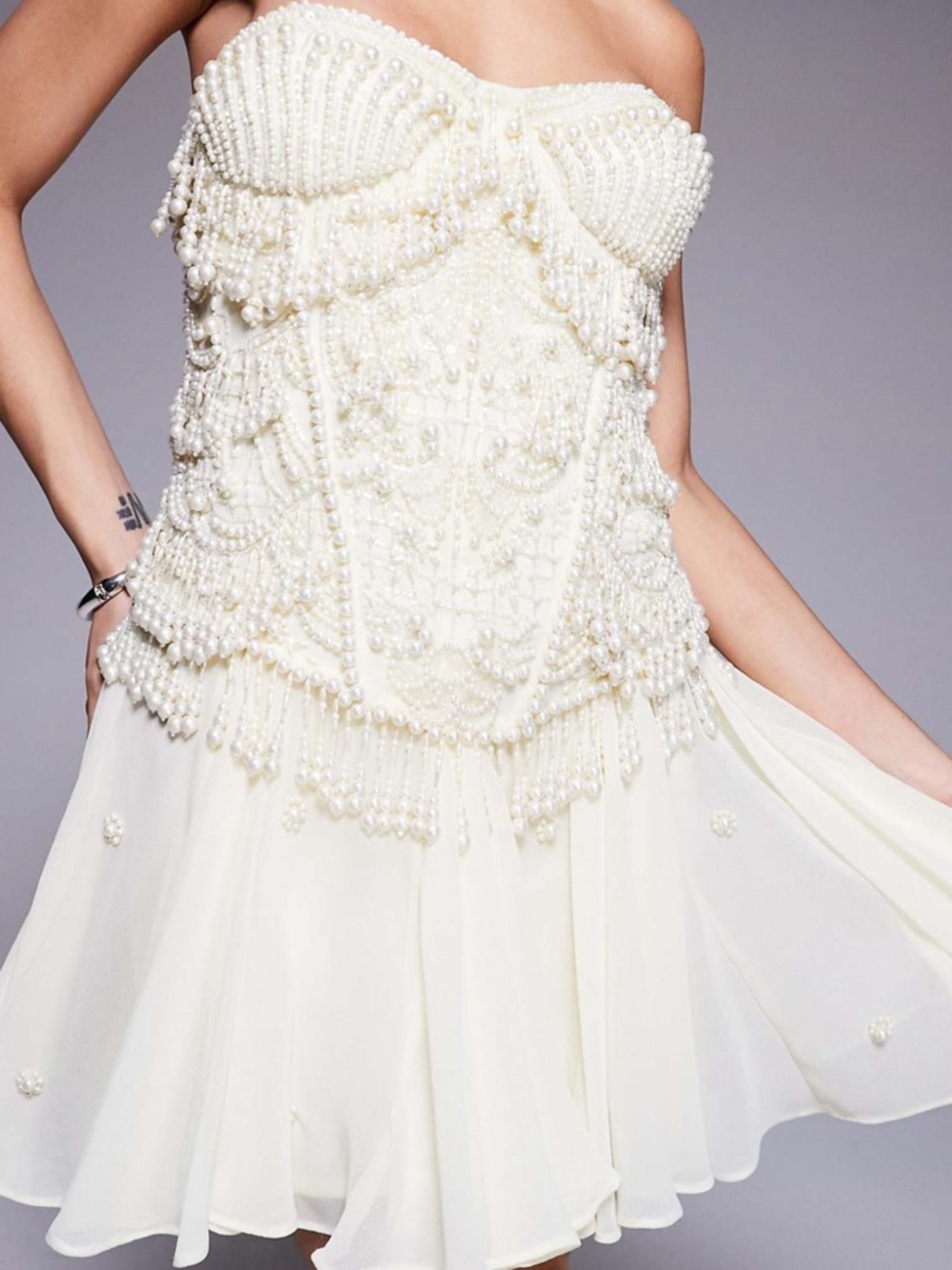 Ivory Pearl-Embellished Strapless Mini Dress